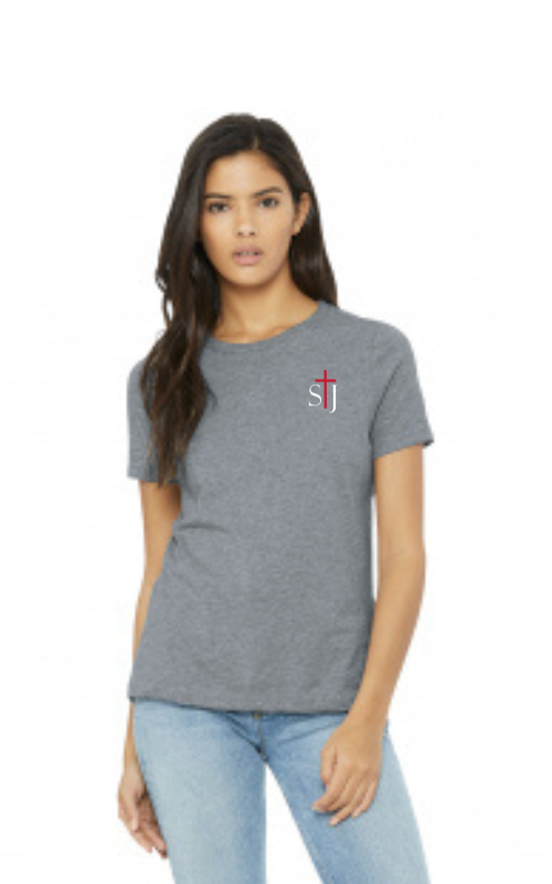 Womens Short Sleeve Relaxed Fit Tee with Vinyl STJ Logo BC6400CVC