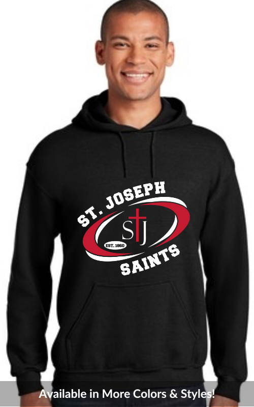 Adult Hooded Sweatshirt with Vinyl STJ SAINTS Oval Logo Gildan 18500