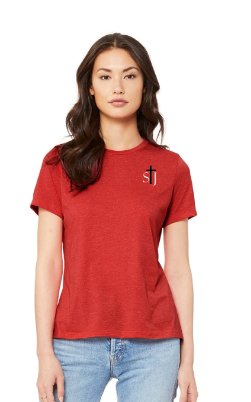 Womens Short Sleeve Relaxed Fit Tee with Vinyl STJ Logo BC6400CVC