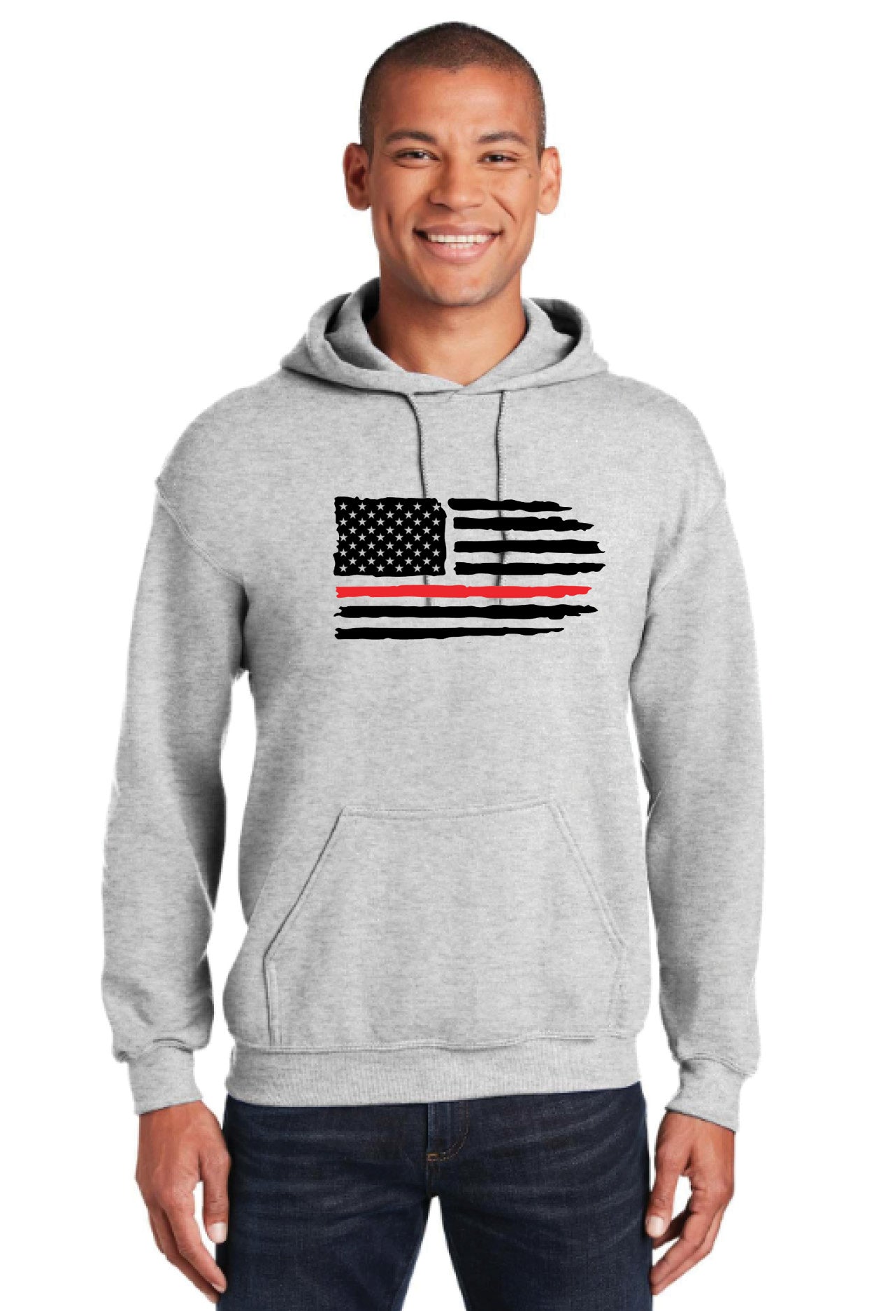 Pullover Hooded Sweatshirt with Full Front Red Line Flag Logo