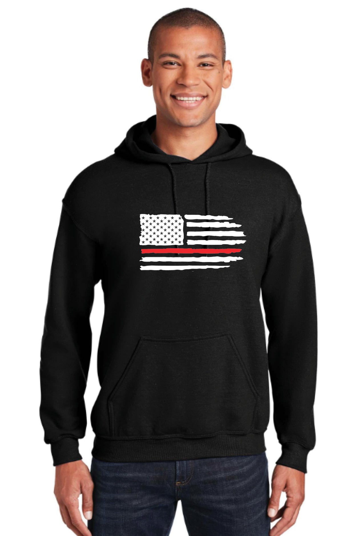 Pullover Hooded Sweatshirt with Full Front Red Line Flag Logo