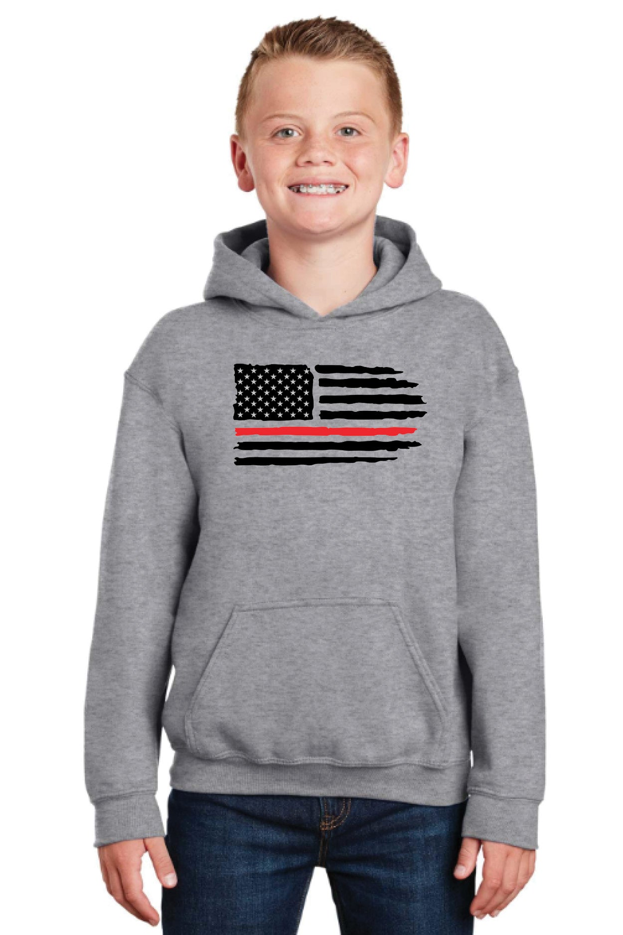 Youth Pullover Hooded Sweatshirt with Full Front Red Line Flag Logo