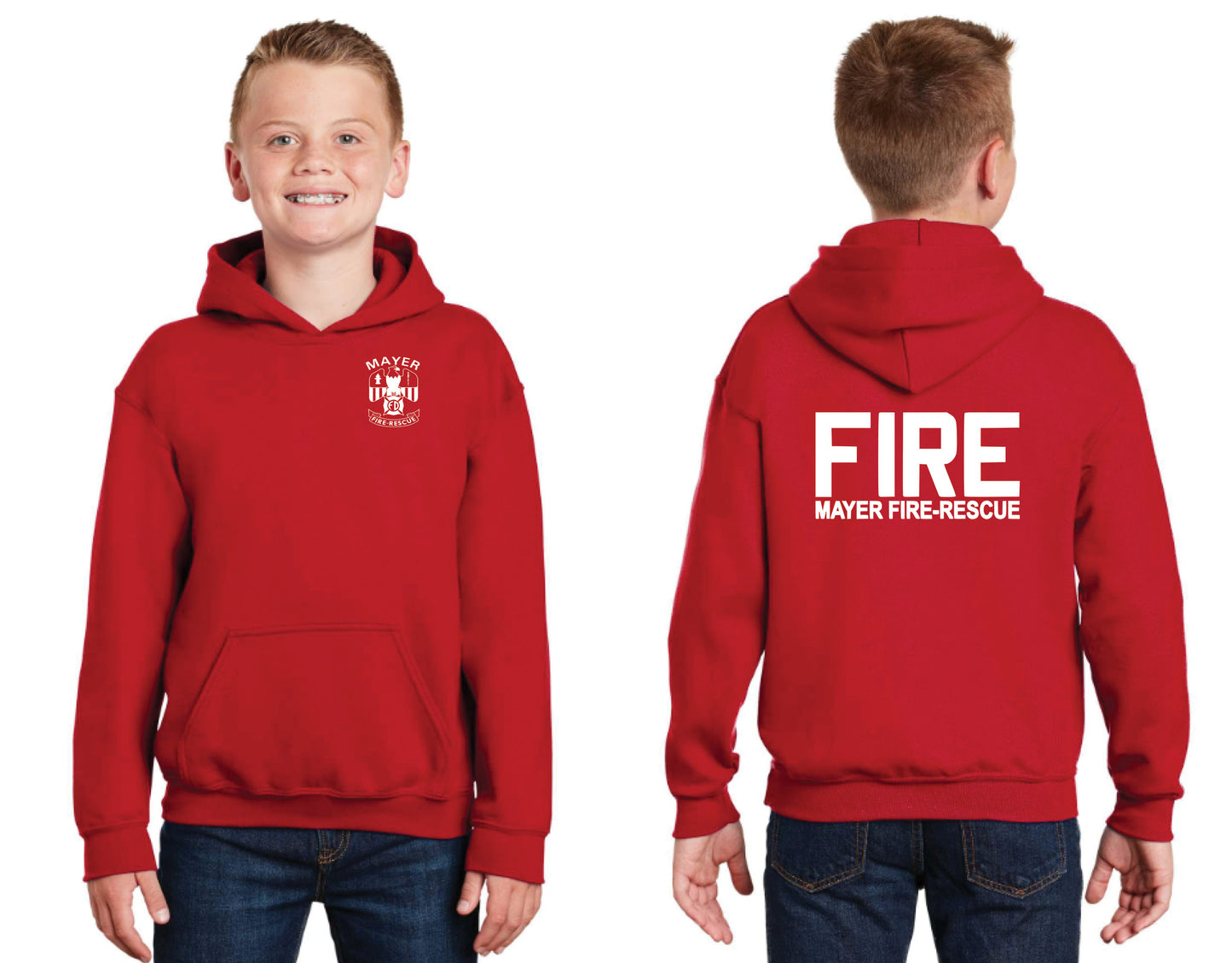 Youth Pullover Hooded Sweatshirt with Traditional Front Logo and Choice of Back Logo