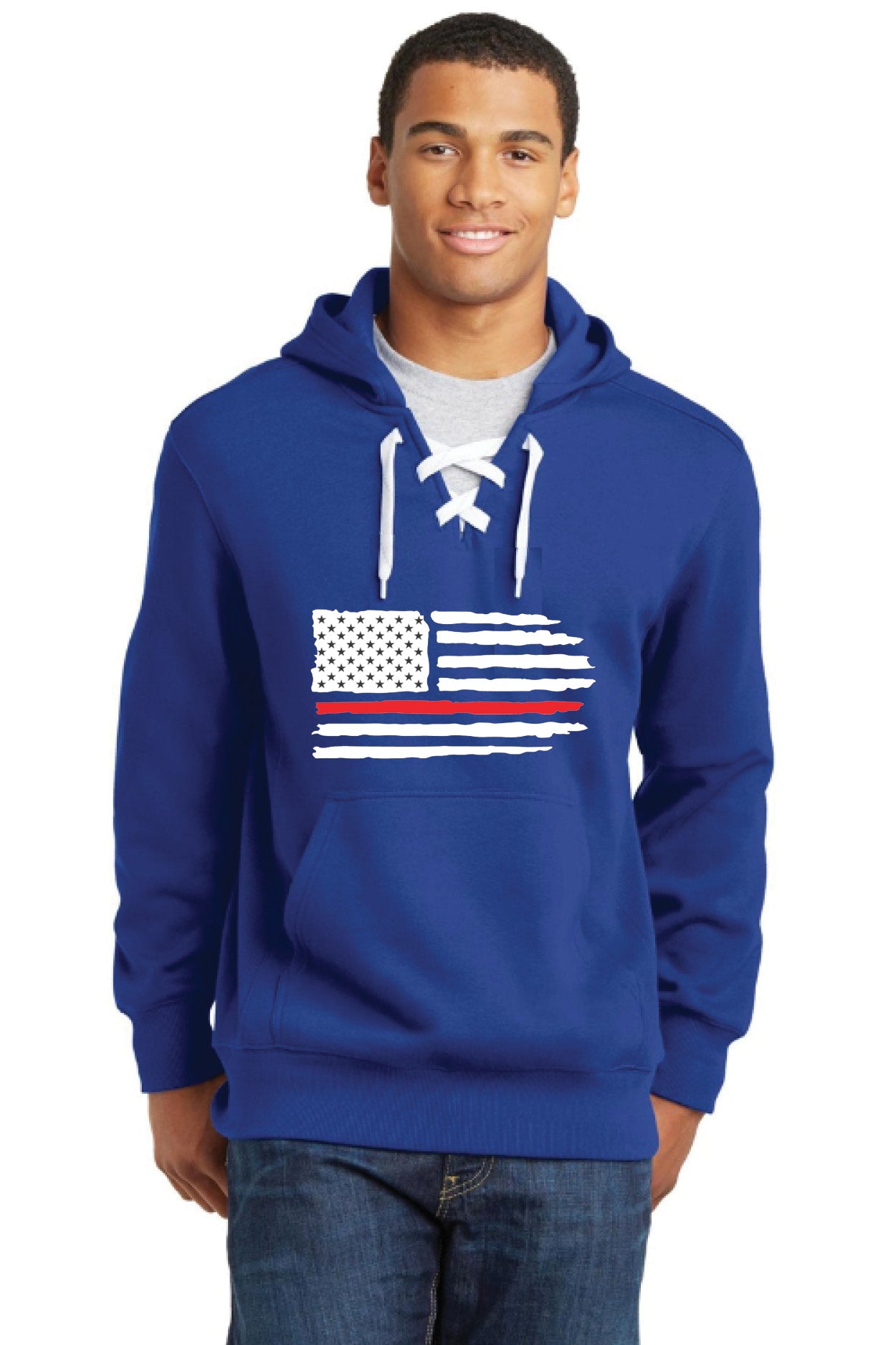 Lace Up Pullover Hooded Sweatshirt with Full Front Red Line Flag