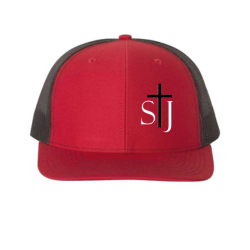 Adult Trucker Cap with Embroidered STJ Logo Red/Black Mesh 112