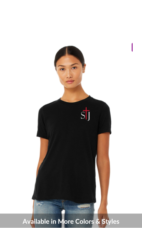 Womens Short Sleeve Relaxed Fit Tee with Vinyl STJ Logo BC6400CVC