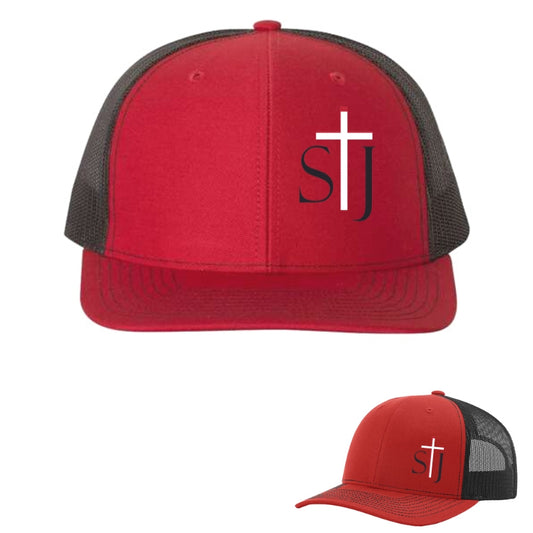 Adult Trucker Cap with Embroidered STJ Logo Red/Black Mesh 112