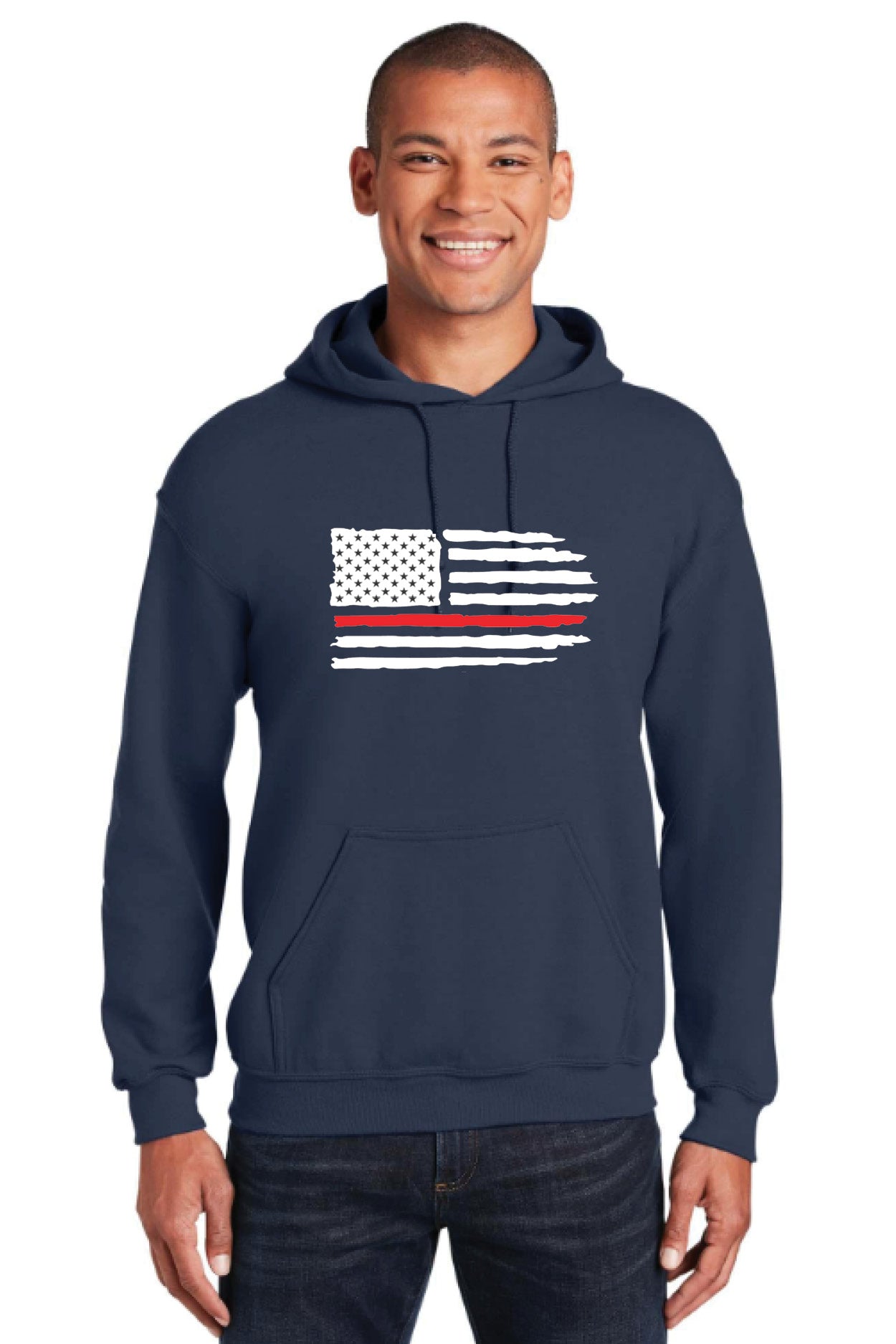 Pullover Hooded Sweatshirt with Full Front Red Line Flag Logo