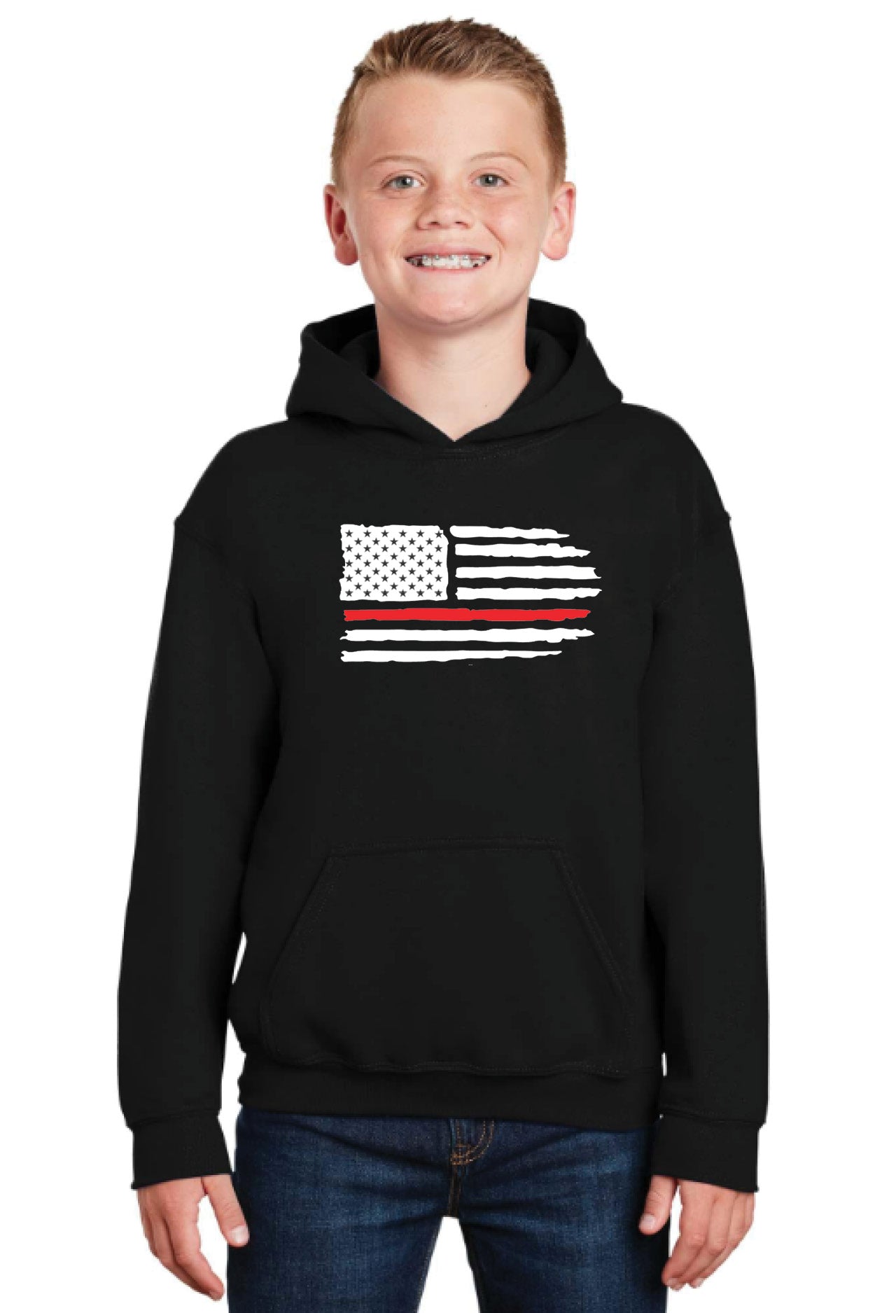 Youth Pullover Hooded Sweatshirt with Full Front Red Line Flag Logo