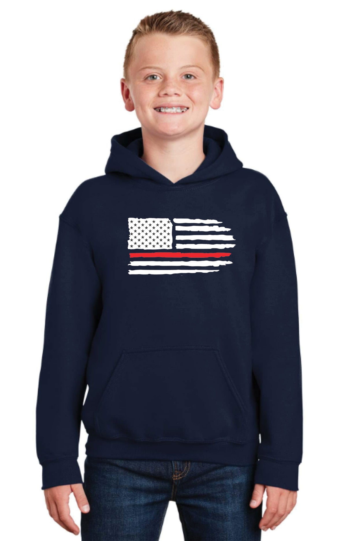 Youth Pullover Hooded Sweatshirt with Full Front Red Line Flag Logo