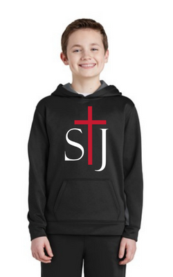 Youth Sport-Wick® Fleece Colorblock Hooded Pullover with vinyl STJ Logo YST235