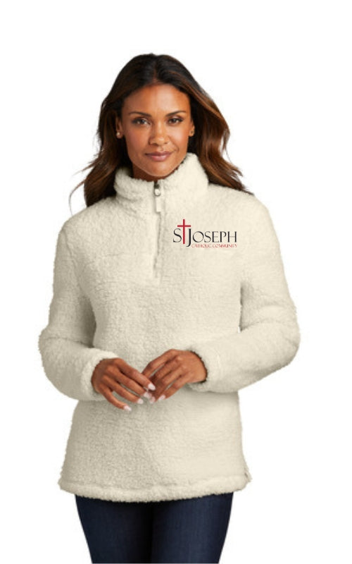 Womens Cozy 1/4-Zip Sherpa Fleece Pullover Jacket with Embroidered Catholic Community Logo L130