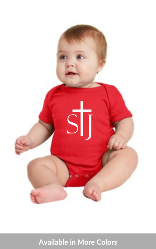 Infant short sleeve onesie in red with STJ Logo