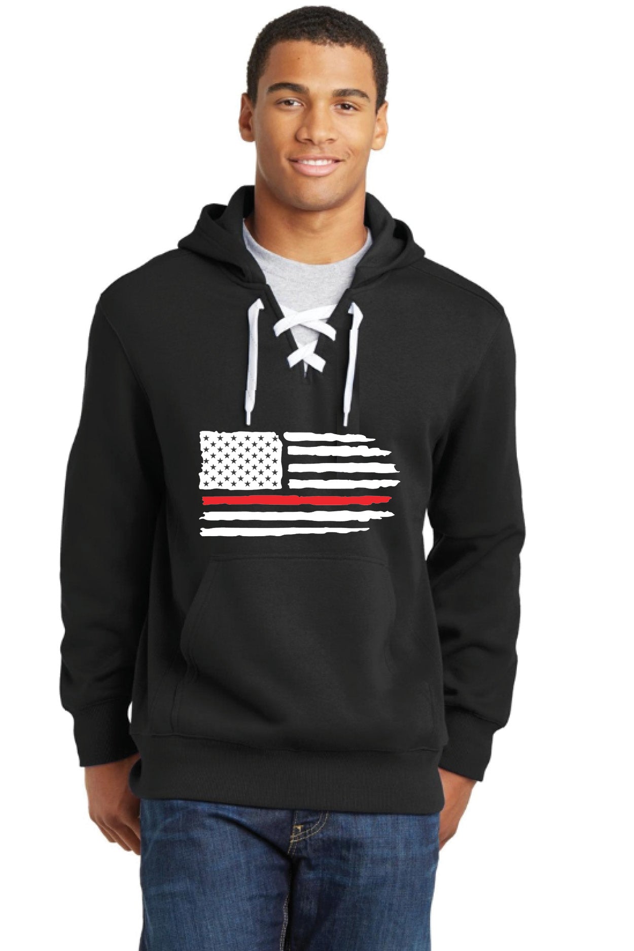 Lace Up Pullover Hooded Sweatshirt with Full Front Red Line Flag