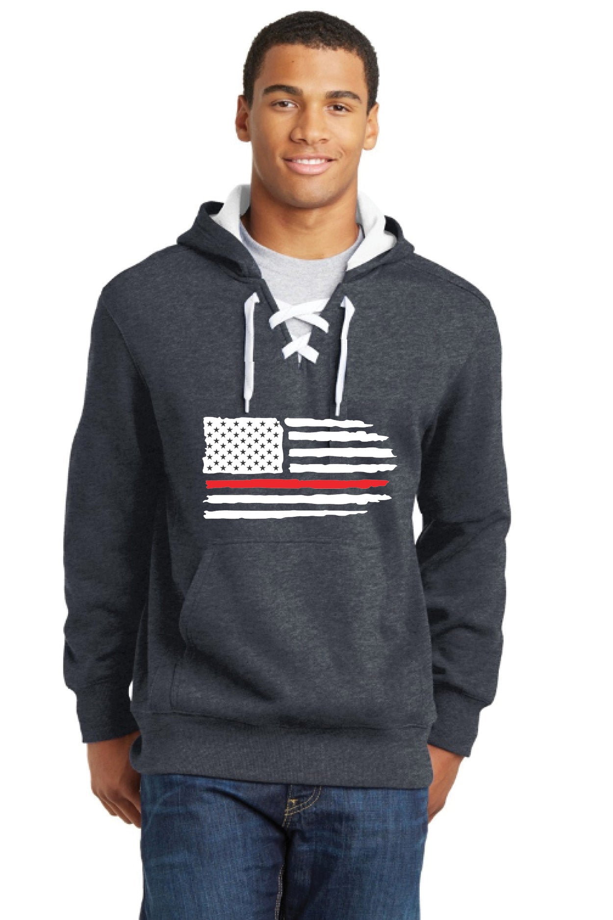 Lace Up Pullover Hooded Sweatshirt with Full Front Red Line Flag