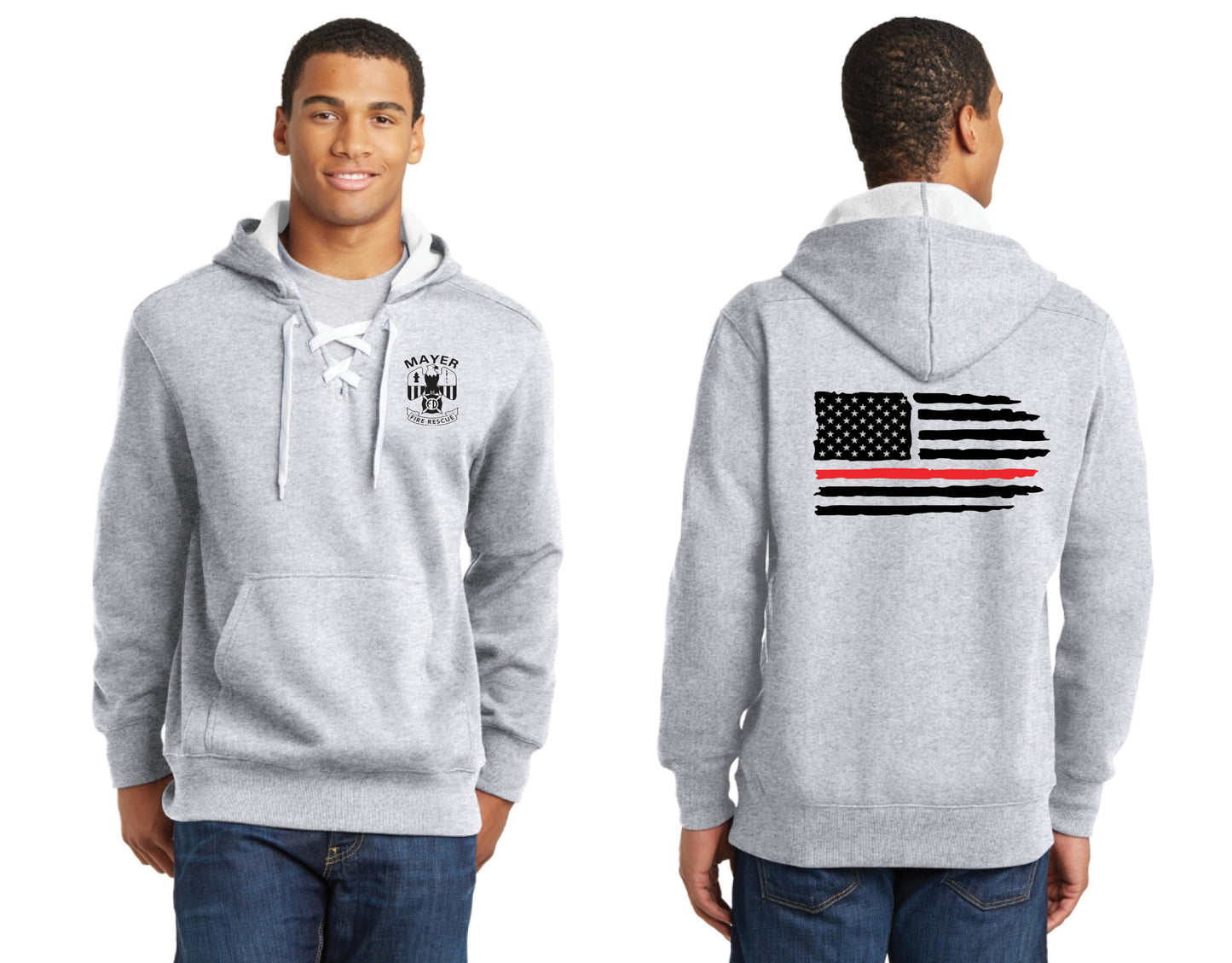 Lace Up Pullover Hooded Sweatshirt with Traditional Front Logo and Choice of Back Logo